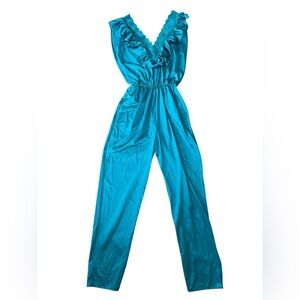 Lady Cameo Vintage 80s Teal Sheer Floral Lace Ruffle Lingerie Jumper Jumpsuit